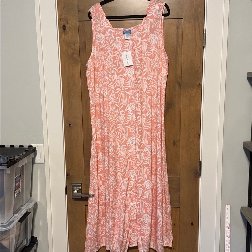 NWT Koret button down coral Maxi dress Womens 2X plus Sz Flowey Tropical floral